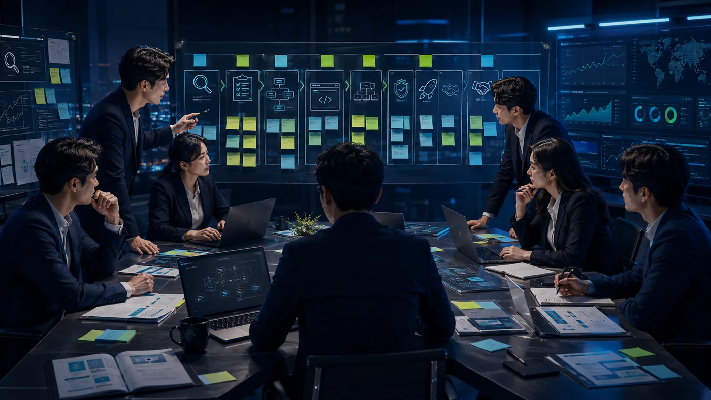 Digital systems workflow planning board with discovery, design, build, security, launch, and handover stages
